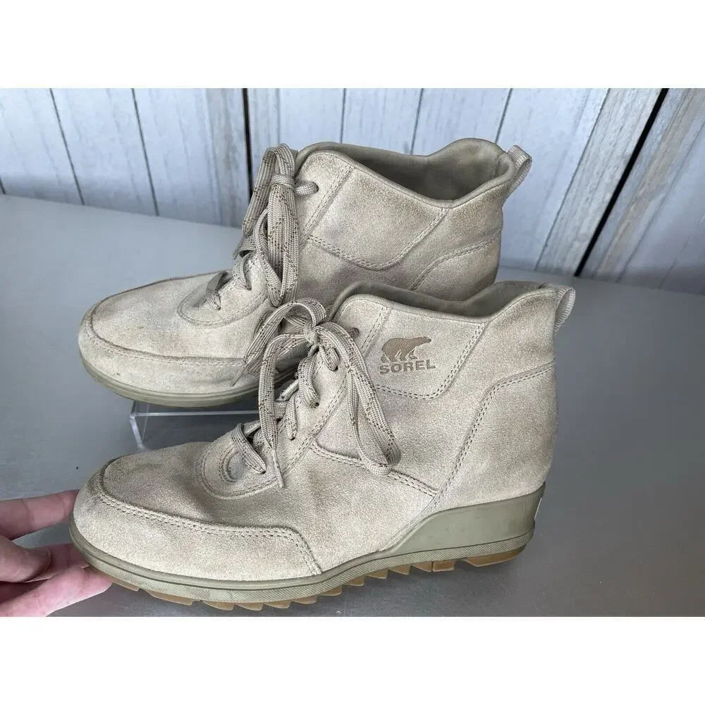 Sorel Evie Sport Lace Sand Brown Wedge Sneakers Suede Women’s Size 9